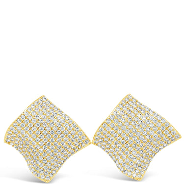Gold earrings with a textured design on a white background