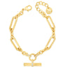 Gold bracelet with a tag-like charm on a white background