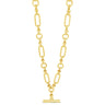 A gold-toned chain necklace featuring alternating elongated oval links and smaller circular links, with a matching horizontal bar clasp at the center, shown on a plain white background.