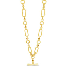 A gold-toned chain necklace featuring alternating elongated oval links and smaller circular links, with a matching horizontal bar clasp at the center, shown on a plain white background.