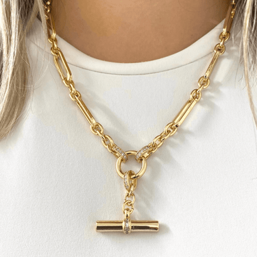 Gold chain necklace with a pendant on a white background