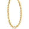 Gold chain necklace with a central gemstone on a white background