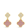 Pair of gold earrings with pink accents on a white background
