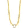 Gold necklace with a circular pendant on a white background