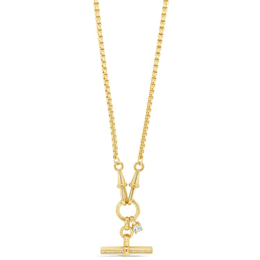 Gold necklace with a pendant on a white background