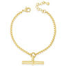 Gold bracelet with a bar charm on a white background