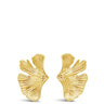 Gold leaf-shaped earrings on a white background
