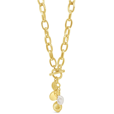 Absolute Gold Sphere & Pearl T Bar Necklace