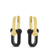 Pair of gold and black hoop earrings on a white background