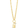 Gold necklace with a lock-shaped pendant on a white background