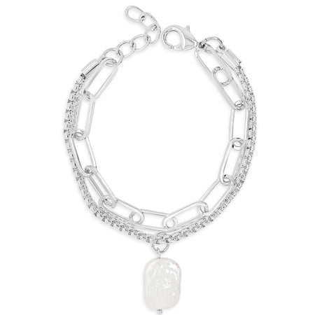 Absolute Silver Double Chain Pearl Pendant Drop Bracelet