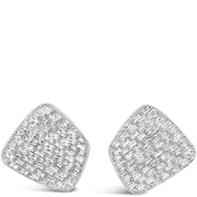 A pair of square stud earrings with a textured pavé-like silver pattern, shown on a plain white background.