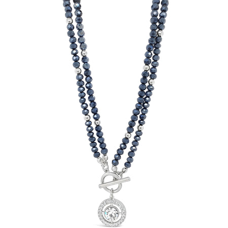 Absolute Silver & Navy Blue Halo Pendant T Bar Necklace