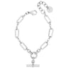 Silver chain bracelet with a clasp and heart charm on a white background