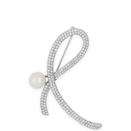 Absolute Silver Pearl Ribbon Style Brooch