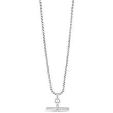 A silver-toned necklace featuring a classic box chain and a toggle clasp pendant, shown against a plain white background.