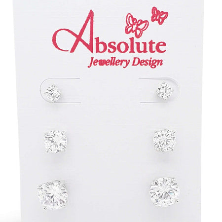 Absolute Silver Solitaire Stud Earrings (3 Pairs)