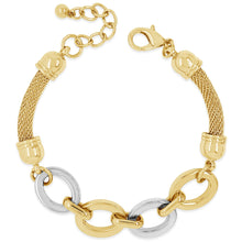A gold-tone chain bracelet with a mesh band, decorative shield charms, and alternating gold and silver-tone oval links, displayed on a clean white background.