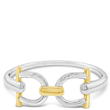 Two-tone ring with silver and gold links on a white background