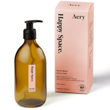 Aery Happy Space hand wash bottle and packaging on a white background
