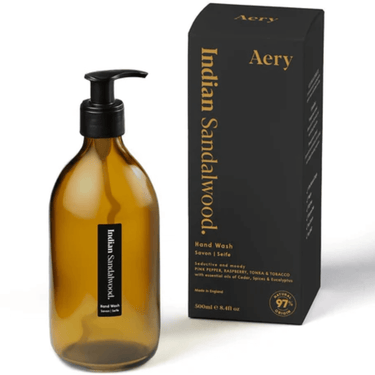 Aery Indian Sandalwood hand wash bottle and packaging on a white background