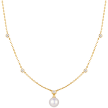 Gold necklace with a pearl pendant on a white background