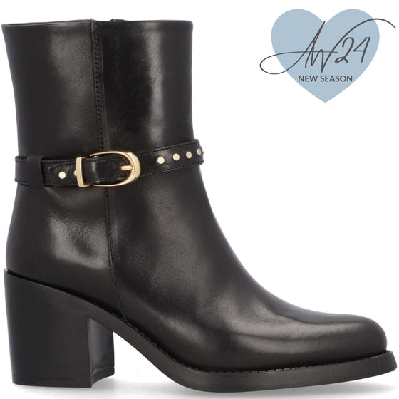 Alpe Black Leather Dressy Block Heel Boots