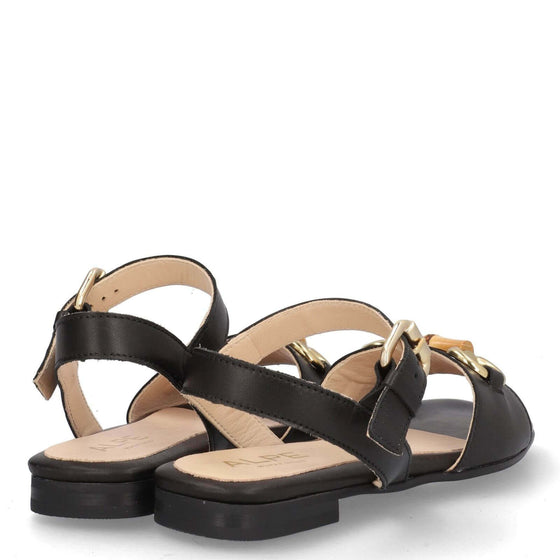 Alpe Black Leather Flat Sandals
