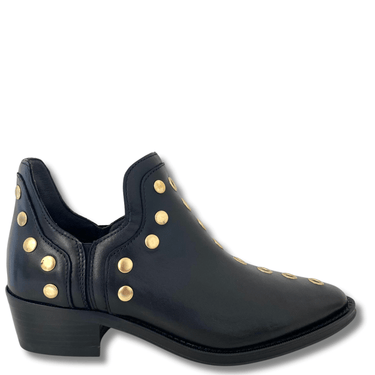 Black boot with gold studs on a white background