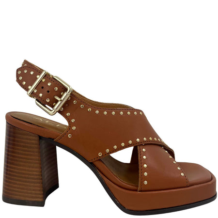 Alpe Cognac Leather Block Heel Studded Sandals