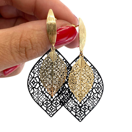 Angela D'Arcy Gold & Black Double Leaf Earrings