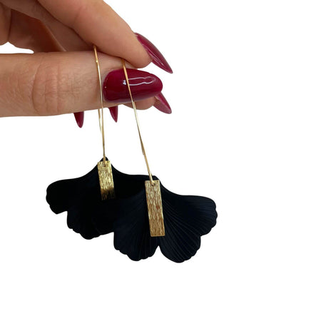 Angela D'Arcy Gold Black Gingko Leaf Long Drop Earrings