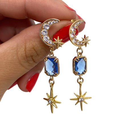 Angela D'Arcy Gold Blue Faceted Moon/Star Drop Earrings