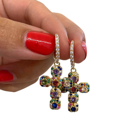 Angela D'Arcy Gold Cross Drop Earrings - Mulitcoloured