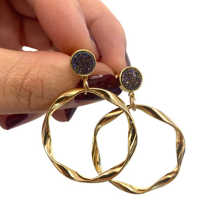 Angela D'Arcy Gold Druzy Hoop Earrings