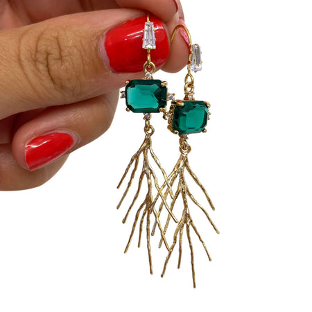 Angela D'Arcy Gold Green Faceted Leaf Drop Earrings