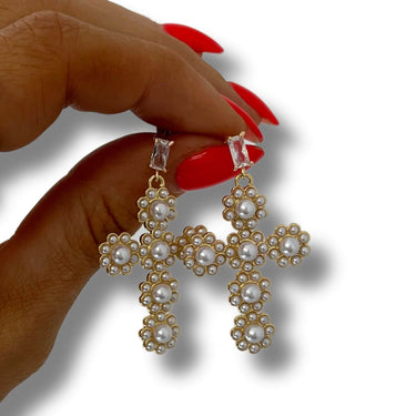 Angela D'Arcy Gold Large Cross Pearl Drop Earrings