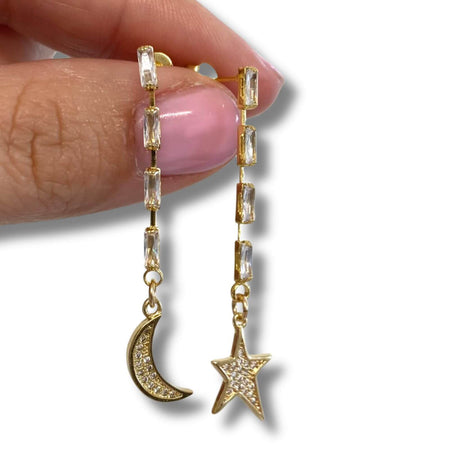 Angela D'Arcy Gold Mismatch Moon & Star Long Drop Earrings