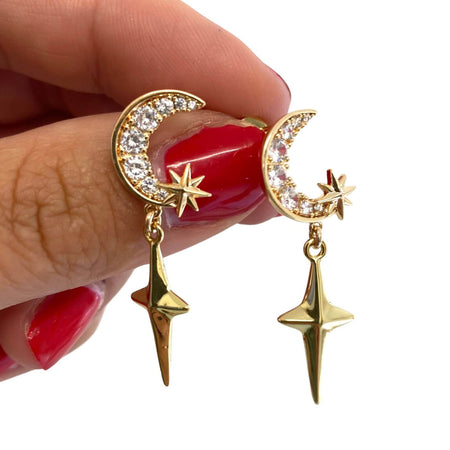 Angela D'Arcy Gold Northern Moon & Plain Star Earrings