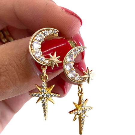 Angela D'Arcy Gold Northern Moon & Star CZ Earrings