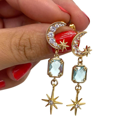 Angela D'Arcy Gold Pale Blue Faceted Moon/Star Drop Earrings