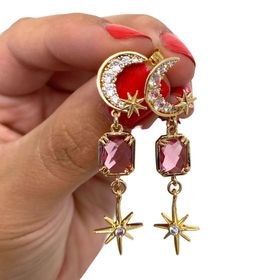 Angela D'Arcy Gold Pink Faceted Moon/Star Drop Earrings