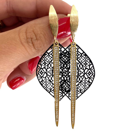 Angela D'Arcy Gold Spike & Black Leaf Statement Earrings