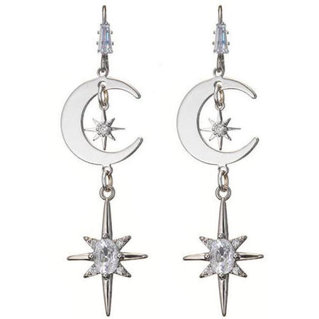 Angela D'Arcy Silver Long Moon & Star Drop Earrings