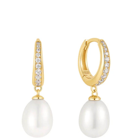 Ania Haie Chic Creator Gold Freshwater Pearl & Zirconia Pave Drop Huggie Earrings