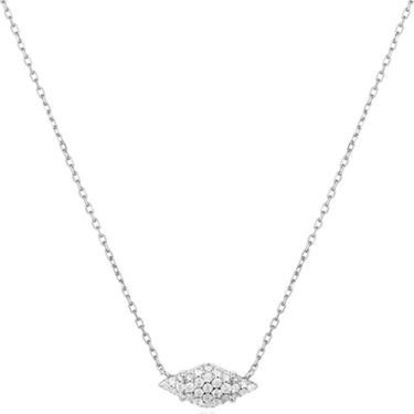 Silver necklace with a small pendant on a white background
