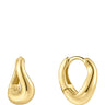 A pair of polished yellow gold huggie hoop earrings shown on a plain white background, with one earring facing forward and the other angled to show the side and interior clasp.