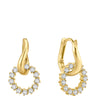 A pair of gold hoop earrings with open circular designs set with small round clear stones, shown on a plain white background.