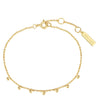 A delicate gold chain anklet with small bead accents, a lobster clasp, and an adjustable extender chain featuring a rectangular tag engraved with the brand name 'ANJA HAE'.