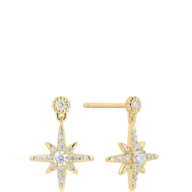 Gold star-shaped earrings with clear gemstones on a white background